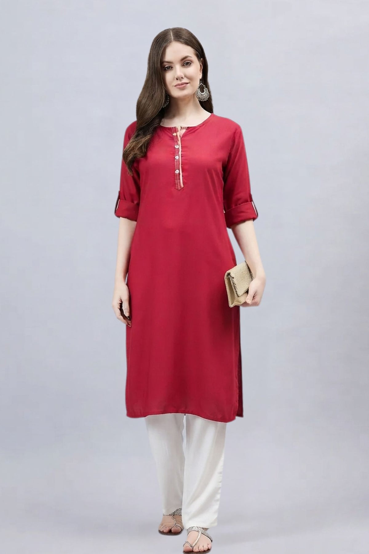 Black Round Neck Straight Fit Rayon Kurti