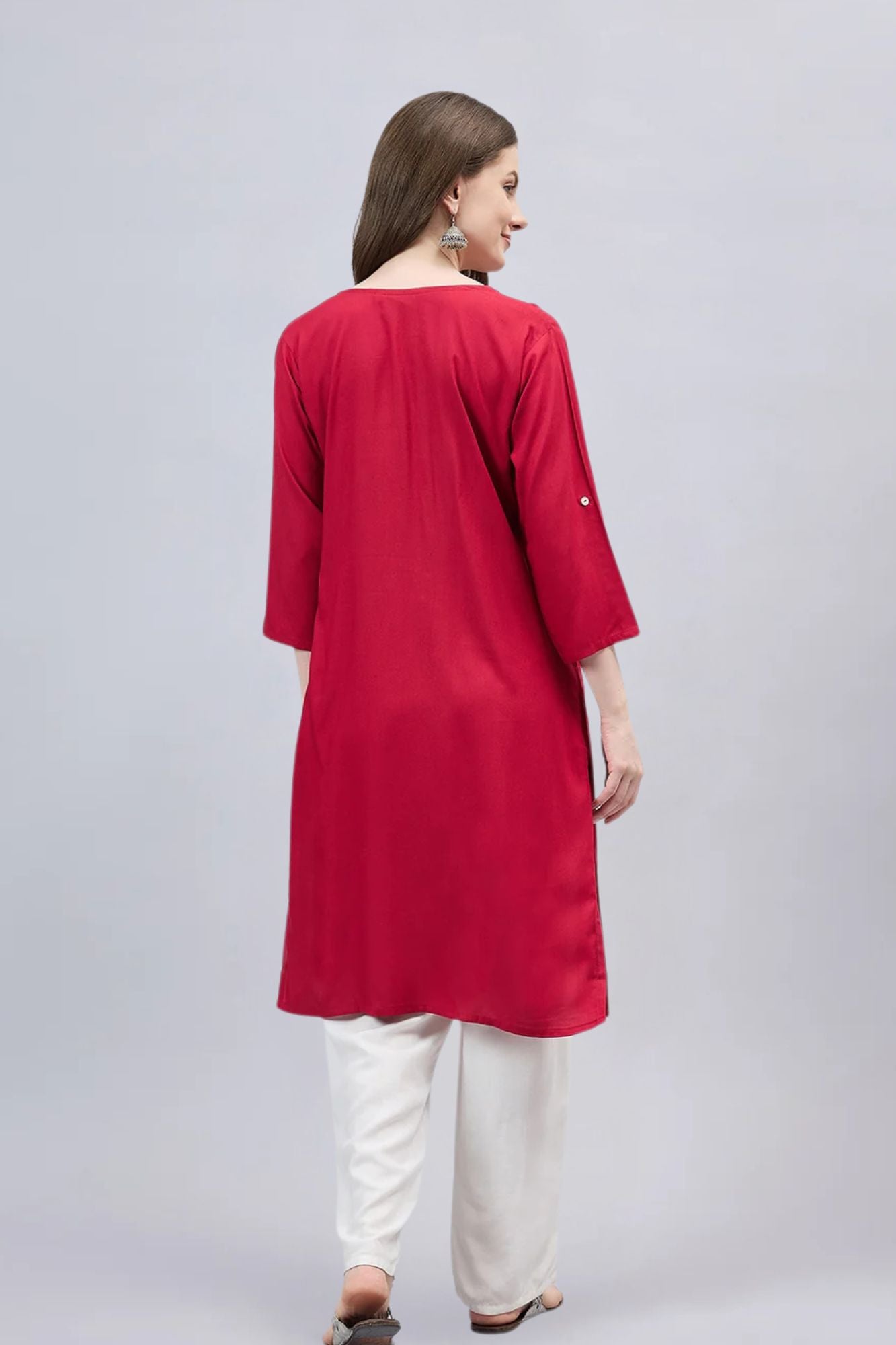 Red Round Neck Straight Fit Rayon Kurti