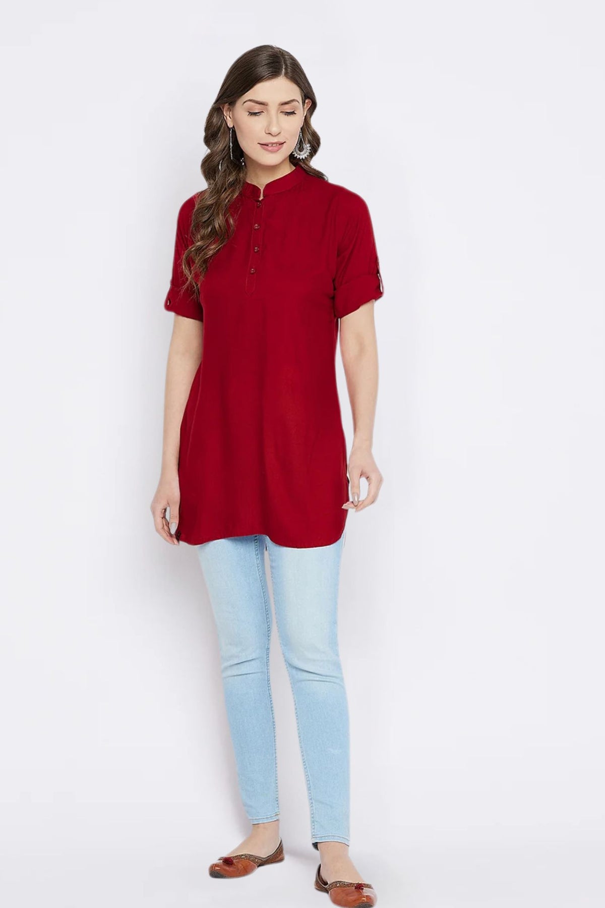 Maroon Solid Coloured Short Kurti - 32" length