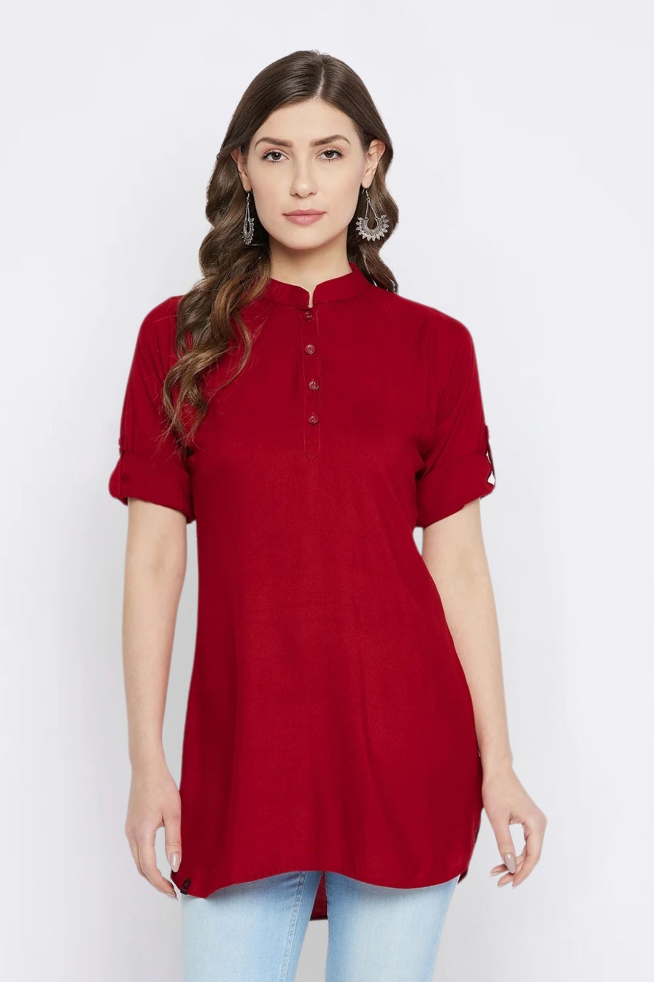 Maroon Solid Coloured Short Kurti - 32" length
