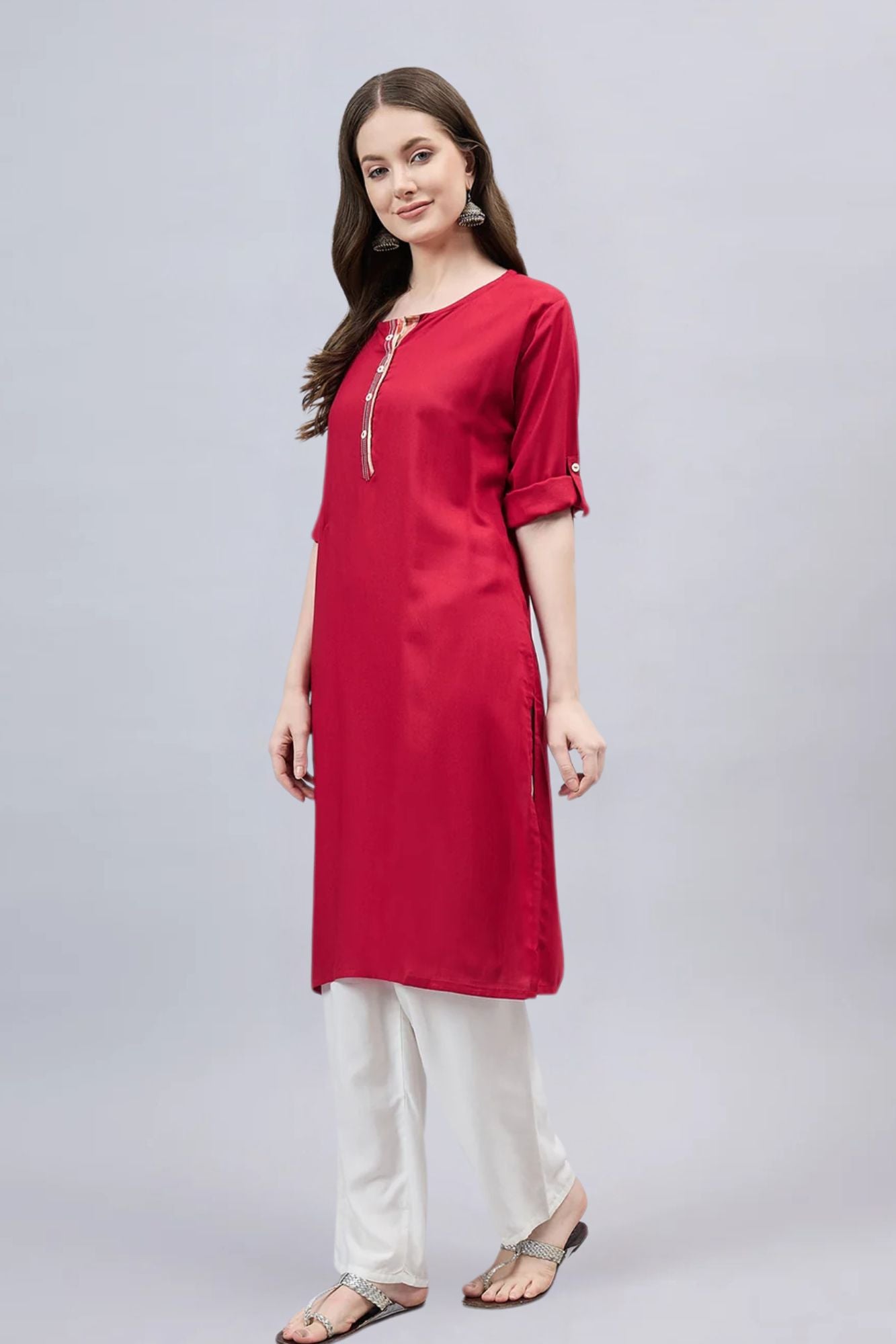 Red Round Neck Straight Fit Rayon Kurti
