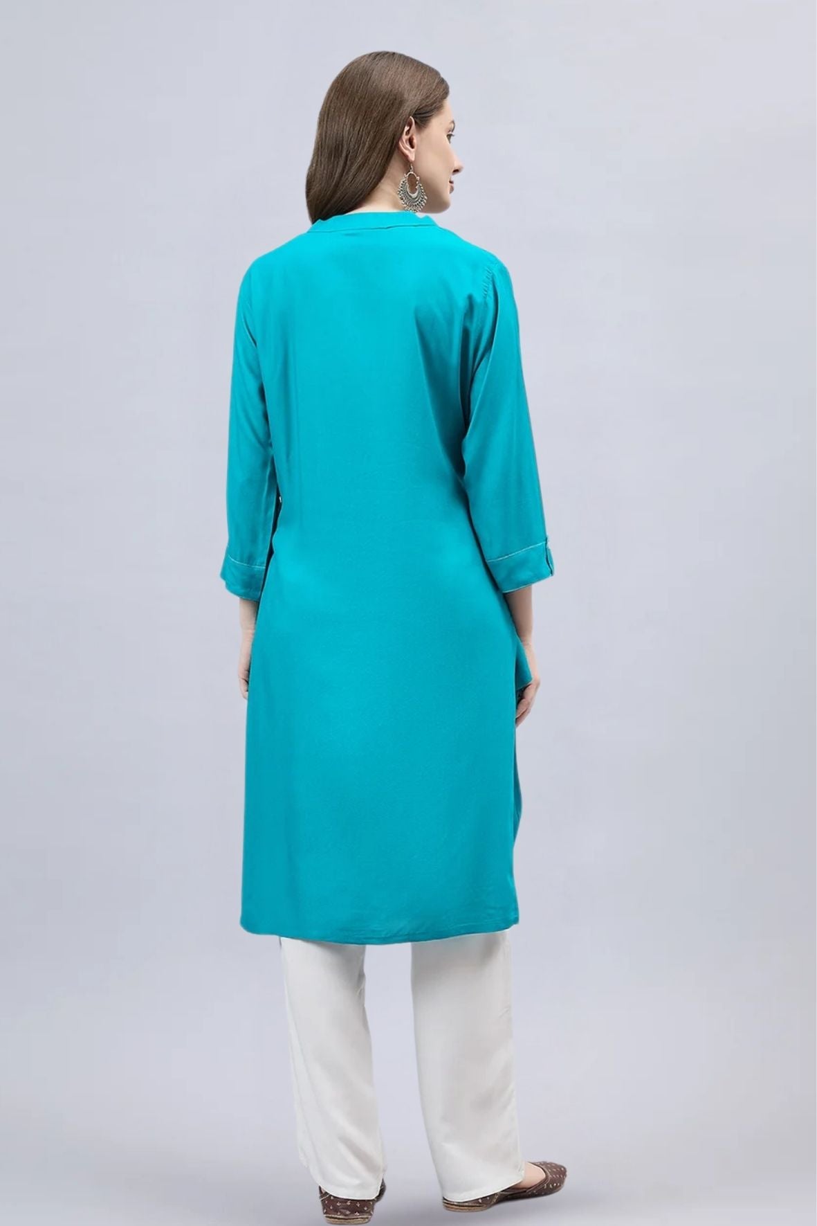 Turquoise V-Neck Straight Fit Rayon Kurti
