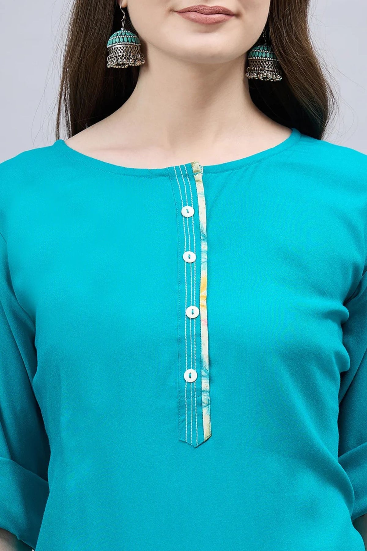 Turquoise Round Neck Straight Fit Rayon Kurti
