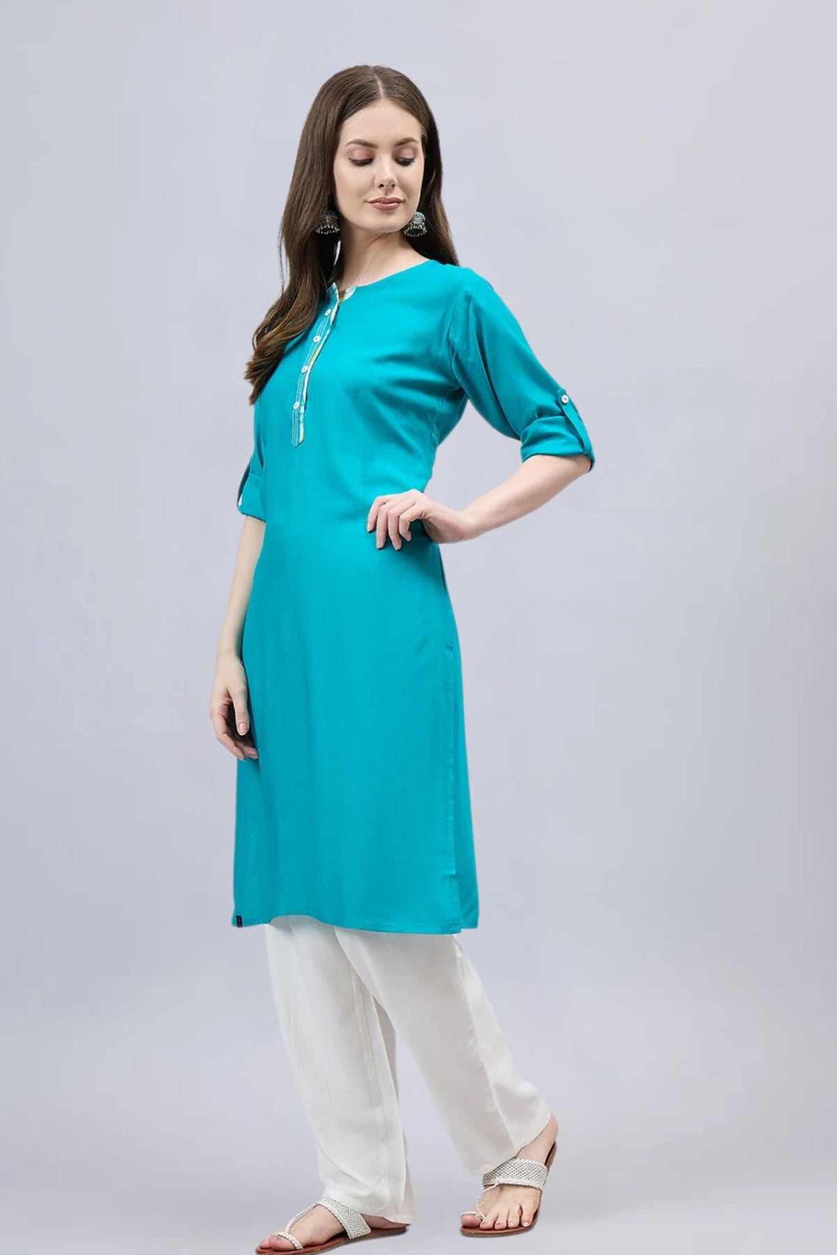 Turquoise Round Neck Straight Fit Rayon Kurti