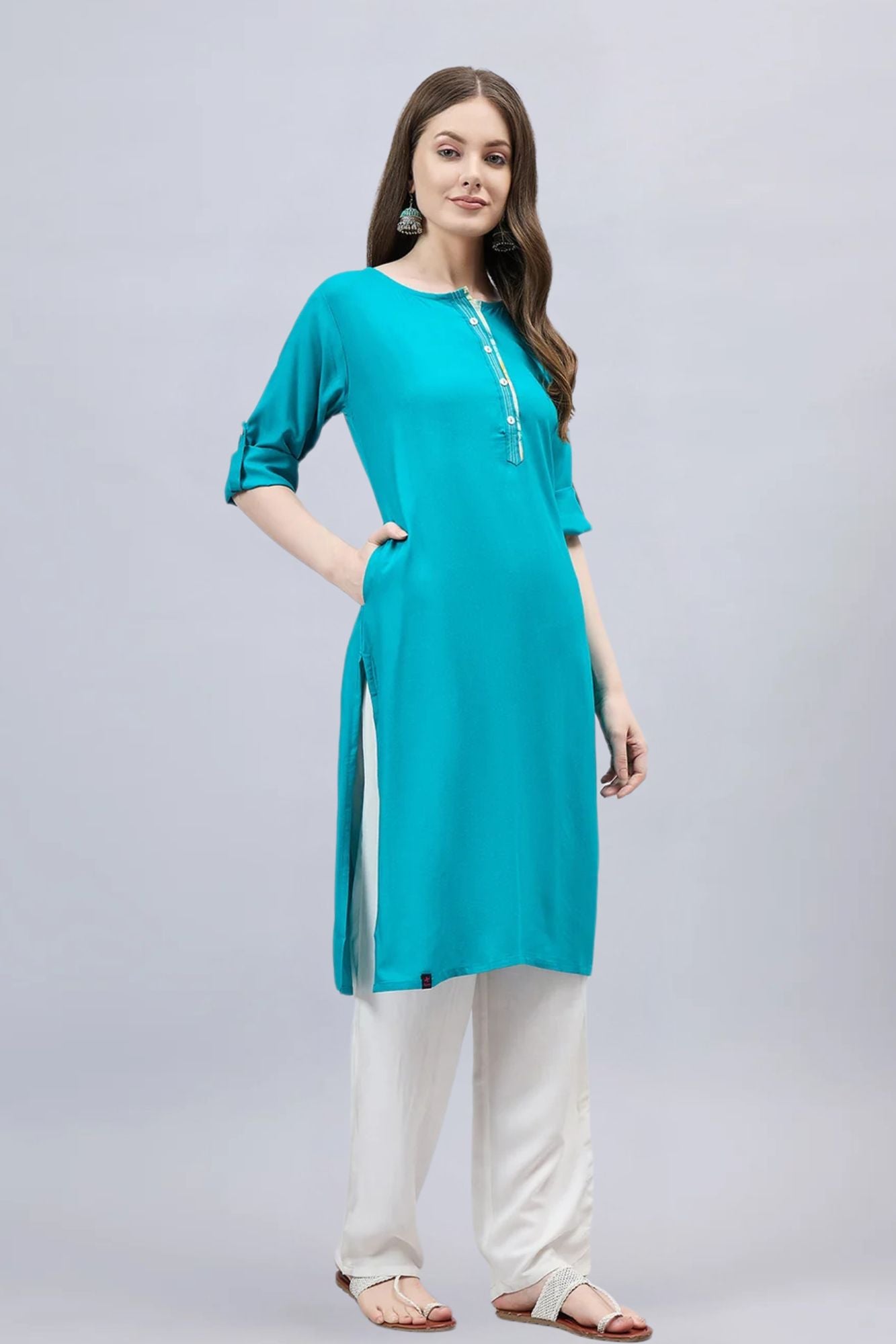 Turquoise Round Neck Straight Fit Rayon Kurti