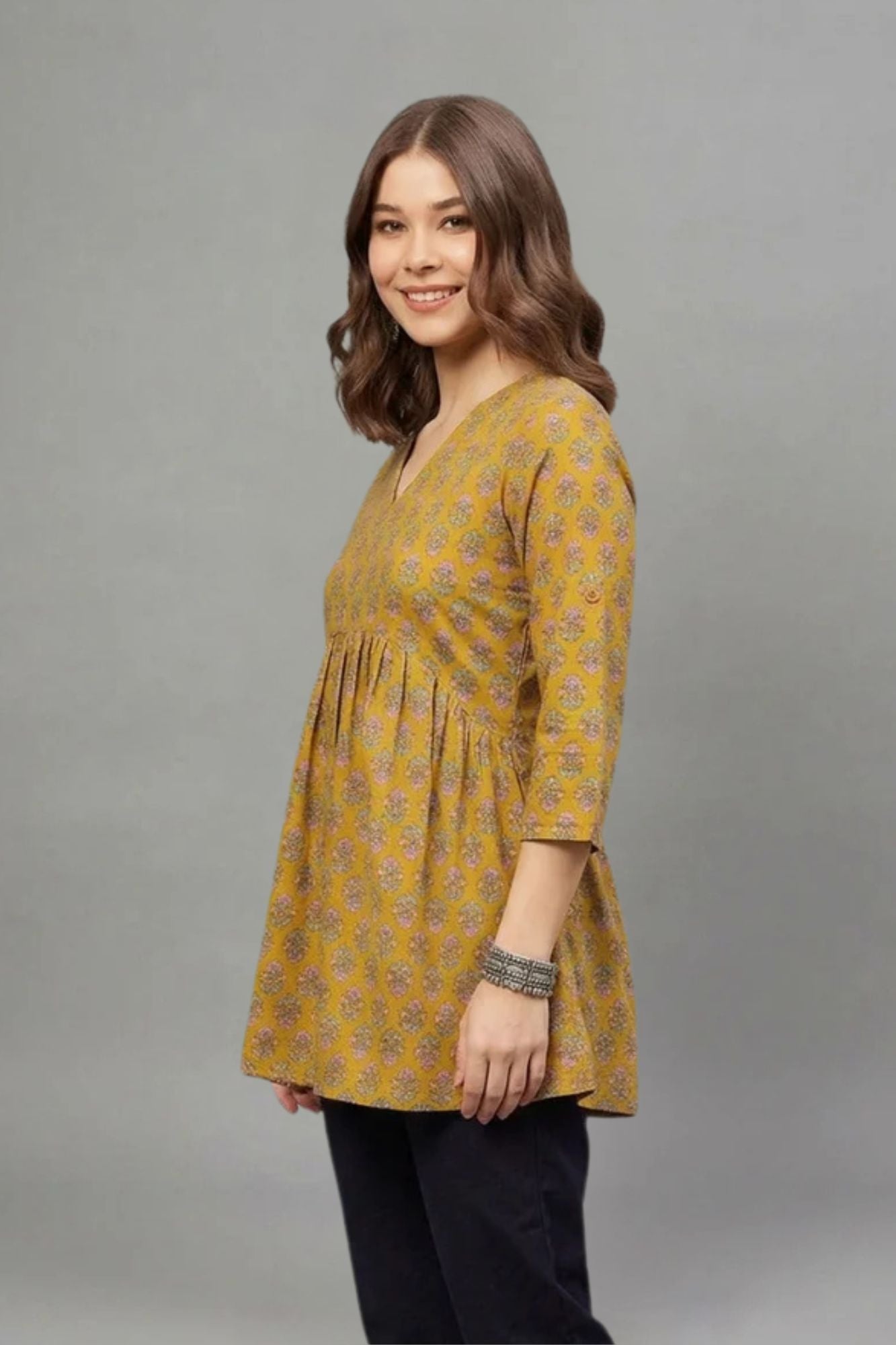 Mustard Floral Buti Print V-Neck Cotton Kurti for Women