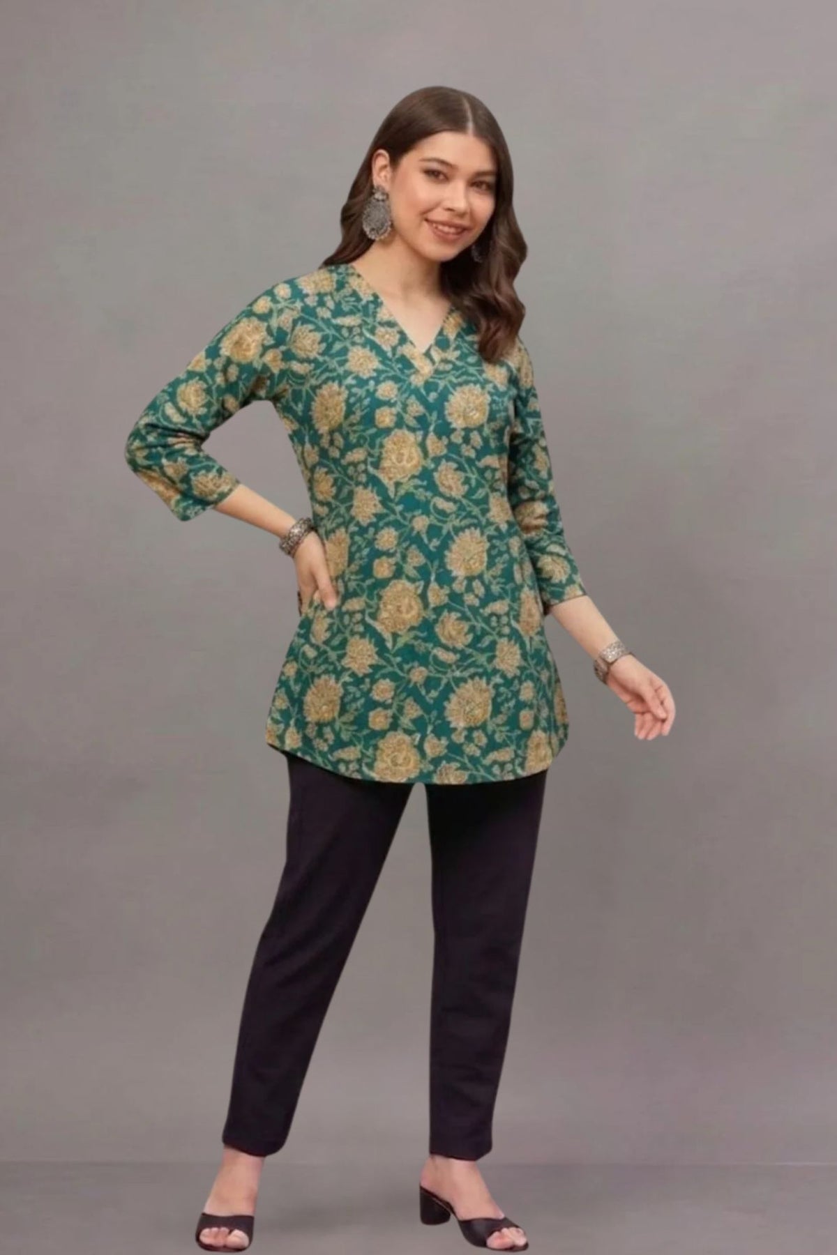 Cotton Teal Gold Printed Short Kurti