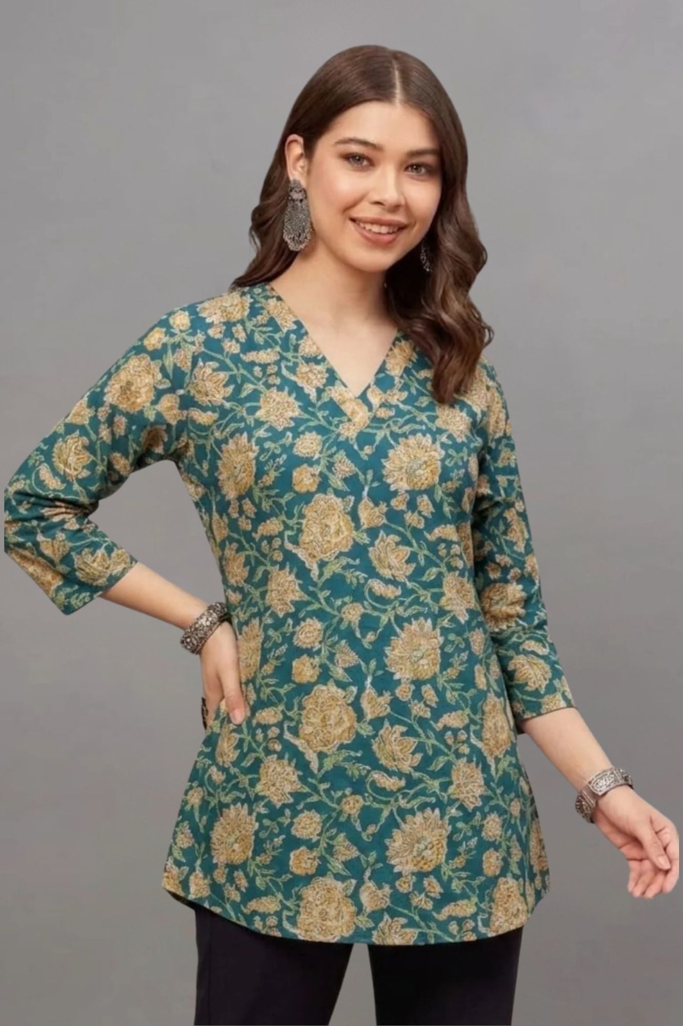 Cotton Teal Gold Printed Short Kurti