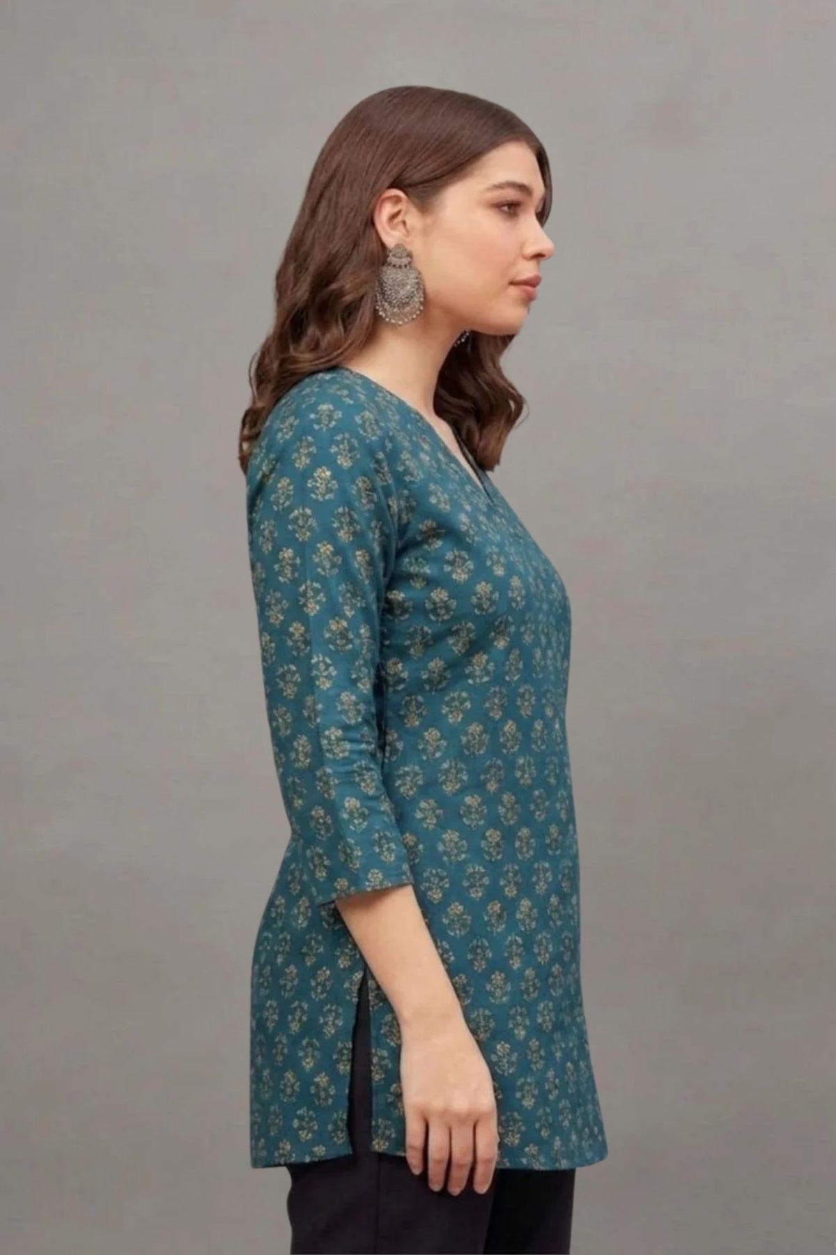 Cotton Teal Floral Printed short kurti