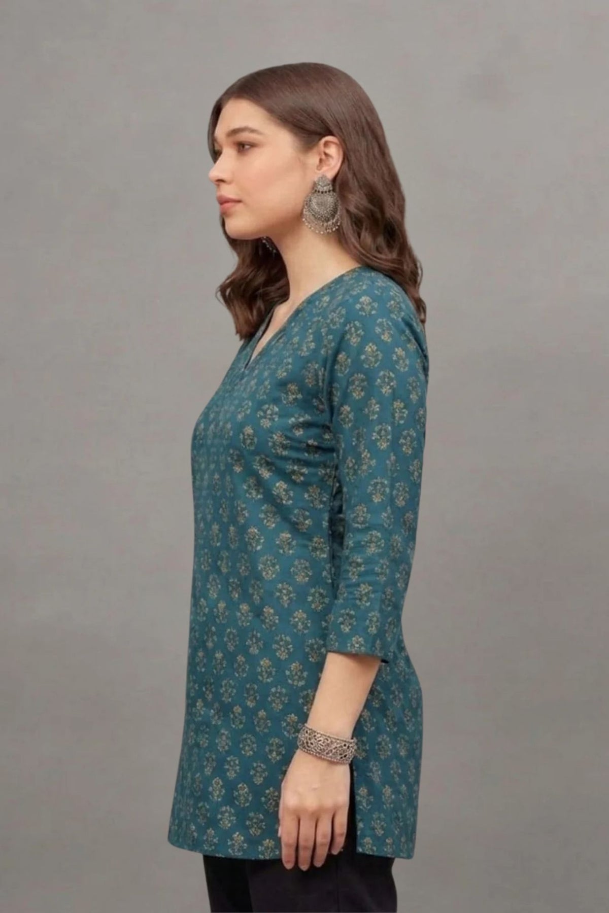 Cotton Teal Floral Printed short kurti