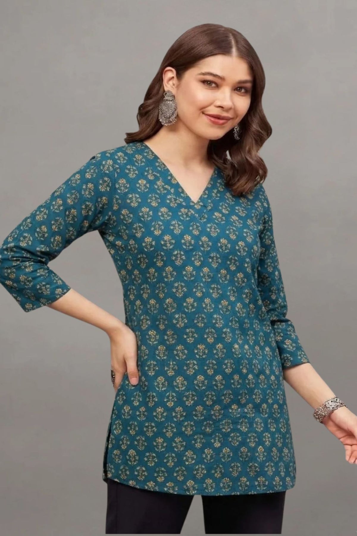 Cotton Teal Floral Printed short kurti