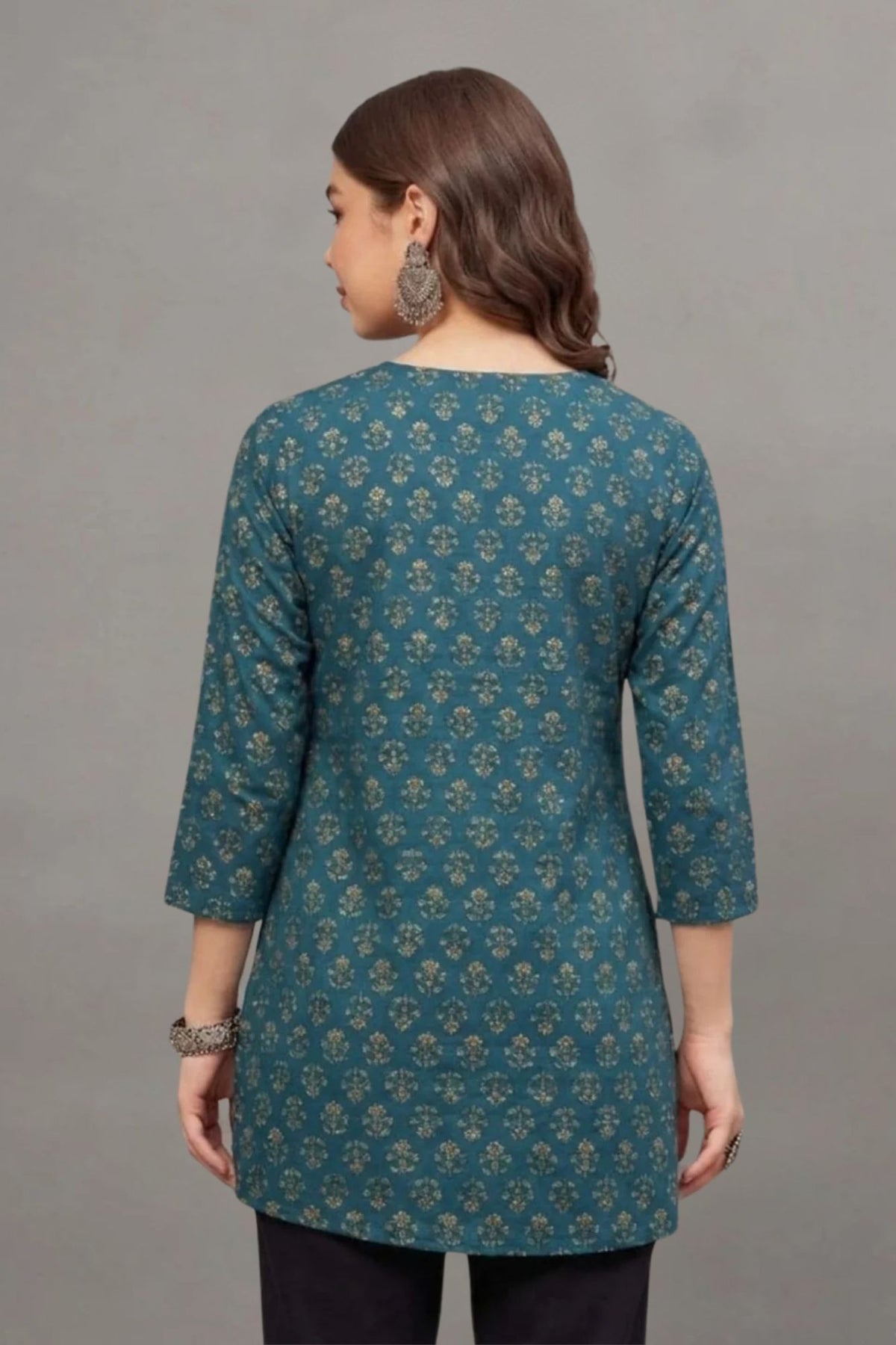 Cotton Teal Floral Printed short kurti