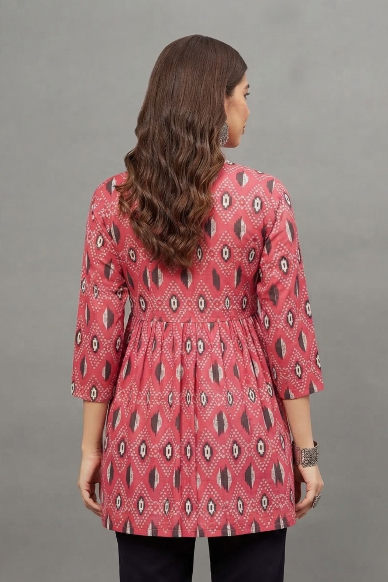 Rust Red Ikat Print V-neck Cotton Kurti for Women