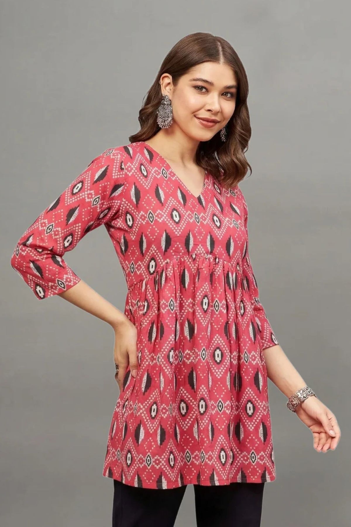 Rust Red Ikat Print V-neck Cotton Kurti for Women