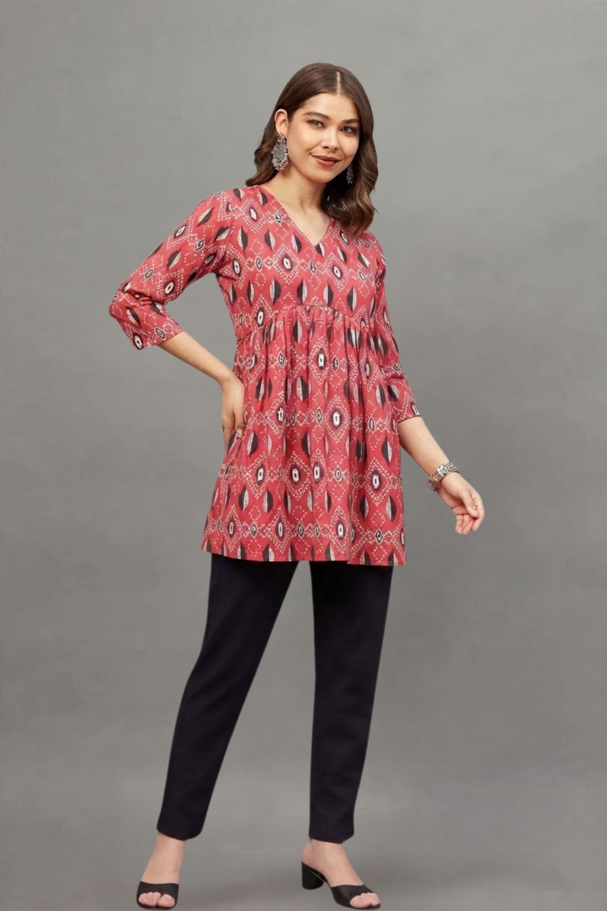 Rust Red Ikat Print V-neck Cotton Kurti for Women