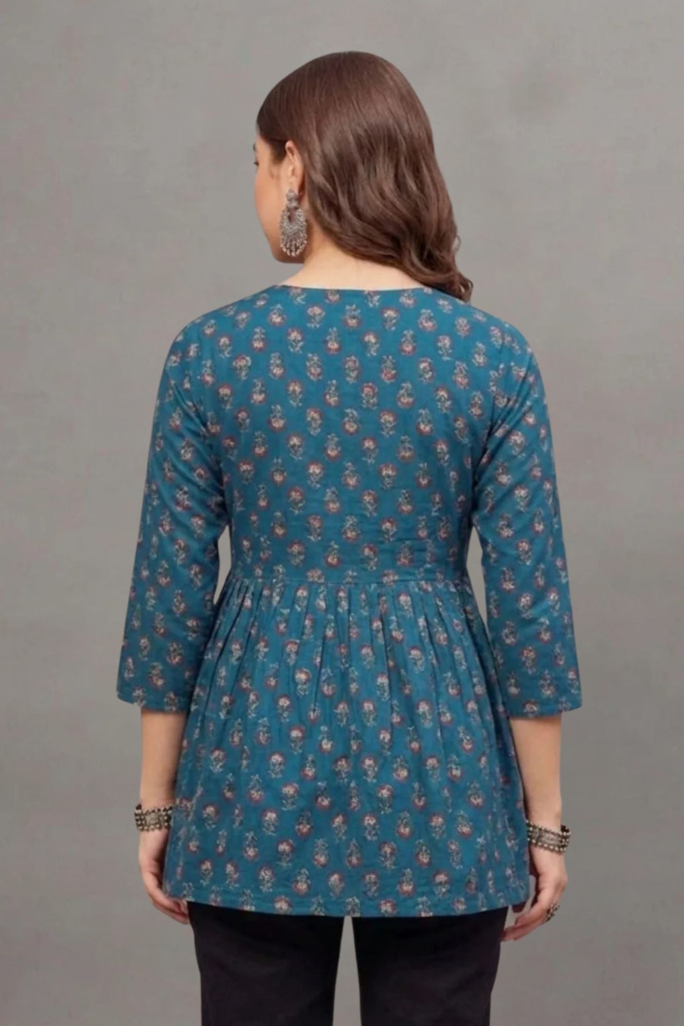 Cotton Teal Blossom Printed short kurti