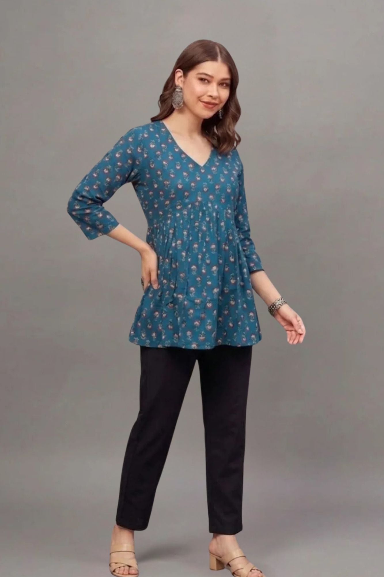 Cotton Teal Blossom Printed short kurti