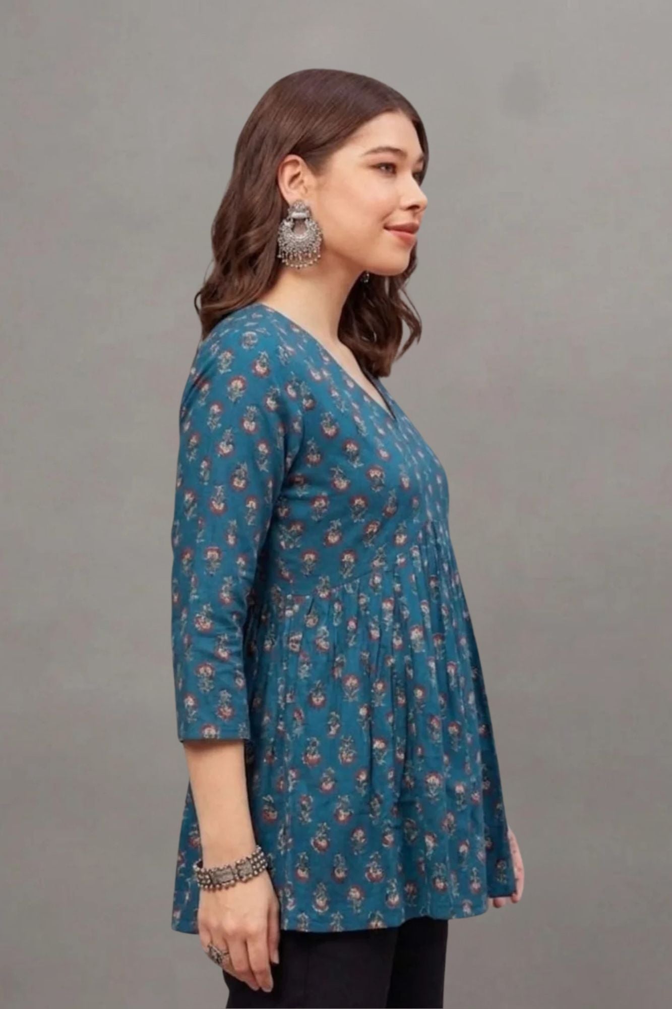 Cotton Teal Blossom Printed short kurti