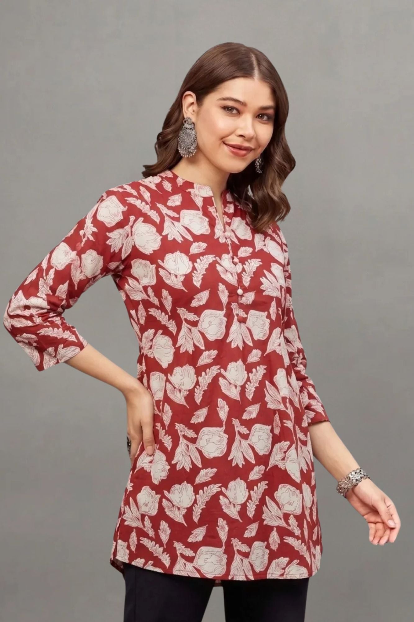 Cotton Red leaf Everyday Printed short kurti
