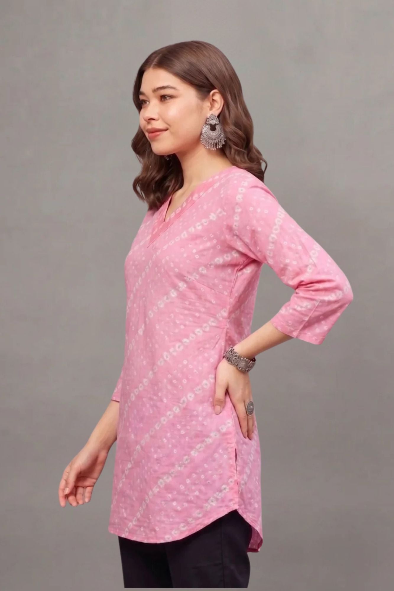 Cotton Pink Bandhej Printed short kurti