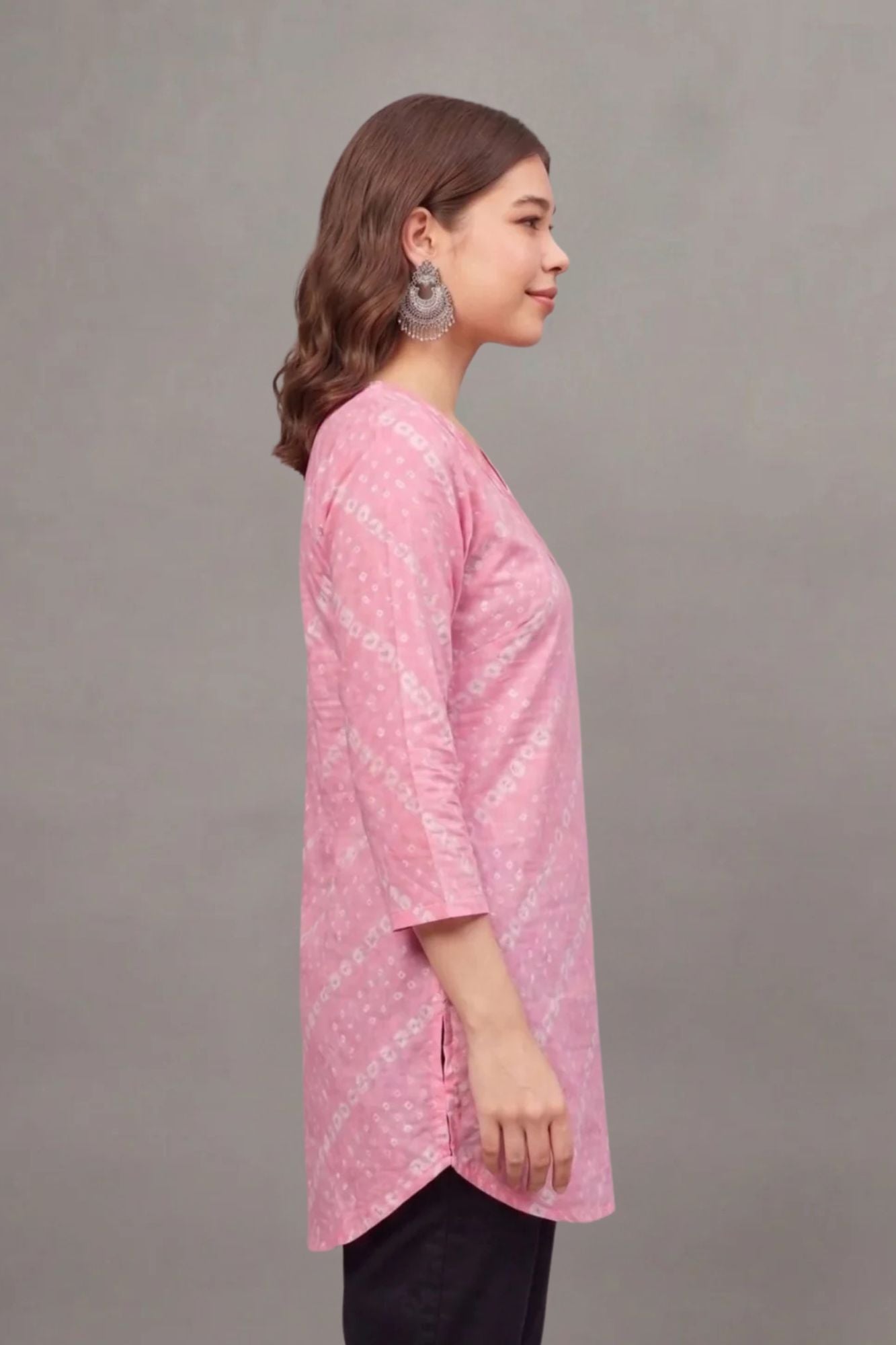 Cotton Pink Bandhej Printed short kurti
