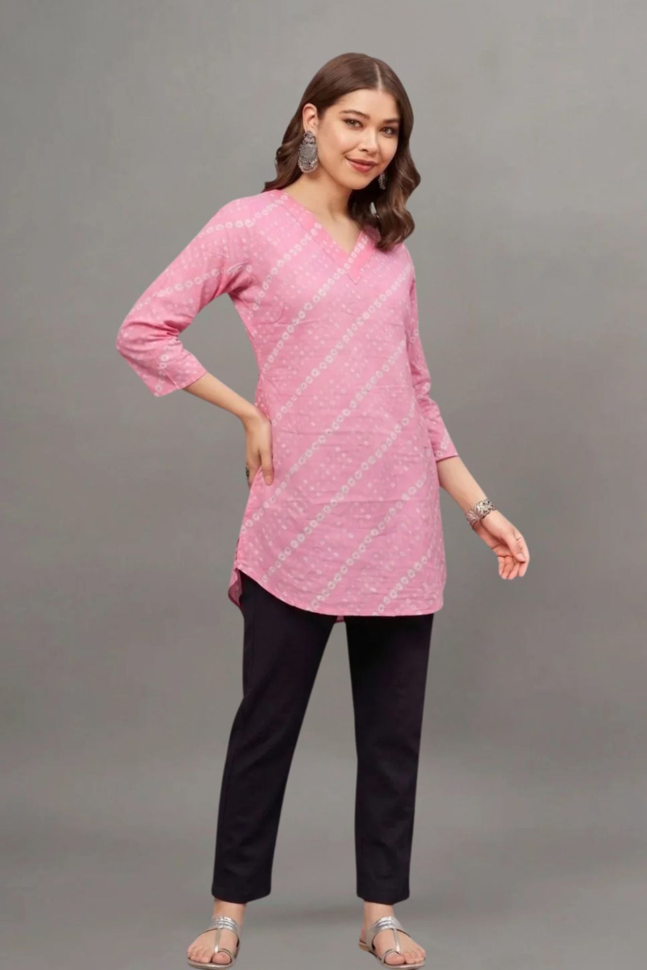 Cotton Pink Bandhej Printed short kurti