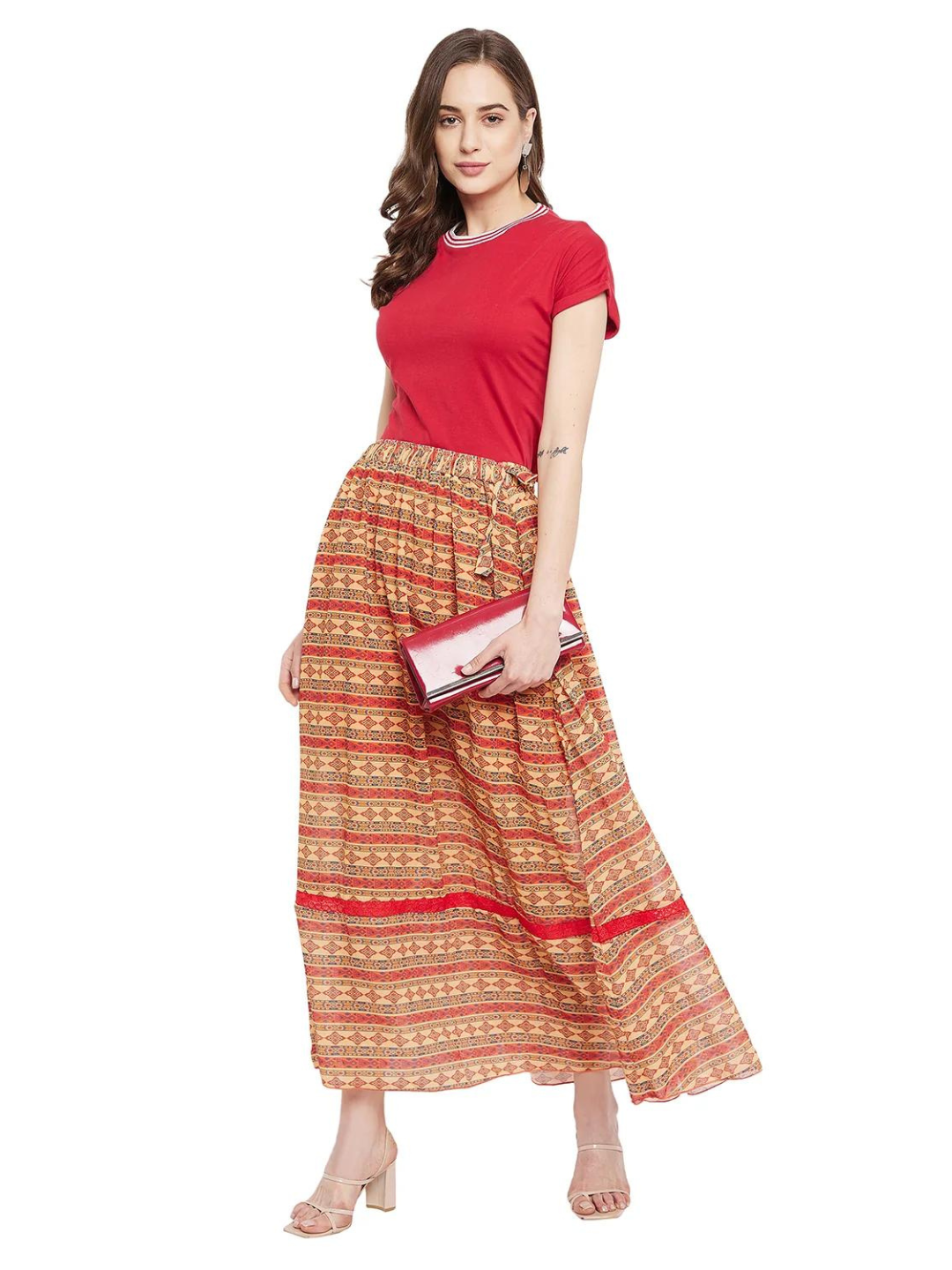 Abstract Print Red Net Lace Skirt