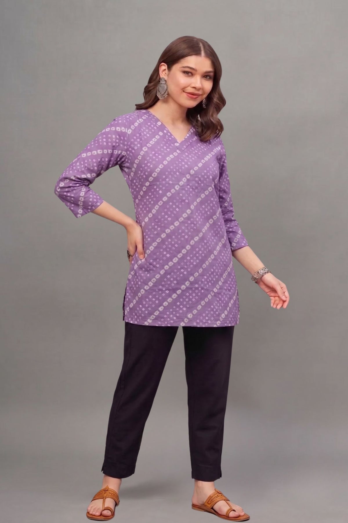 Cotton Purple bandhani Printed short kurti