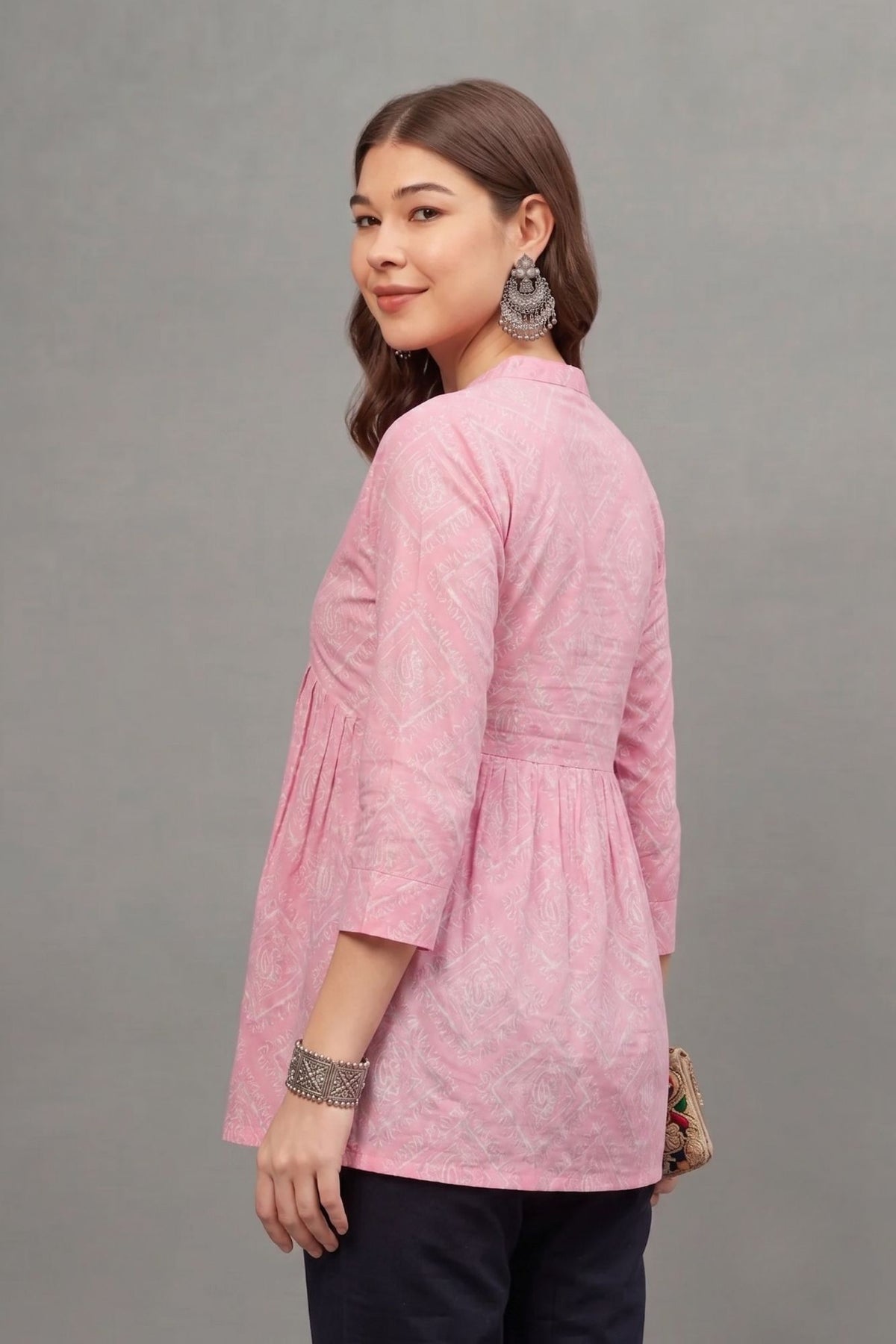 Pink Block Printed V-neck Cotton Kurti for Women