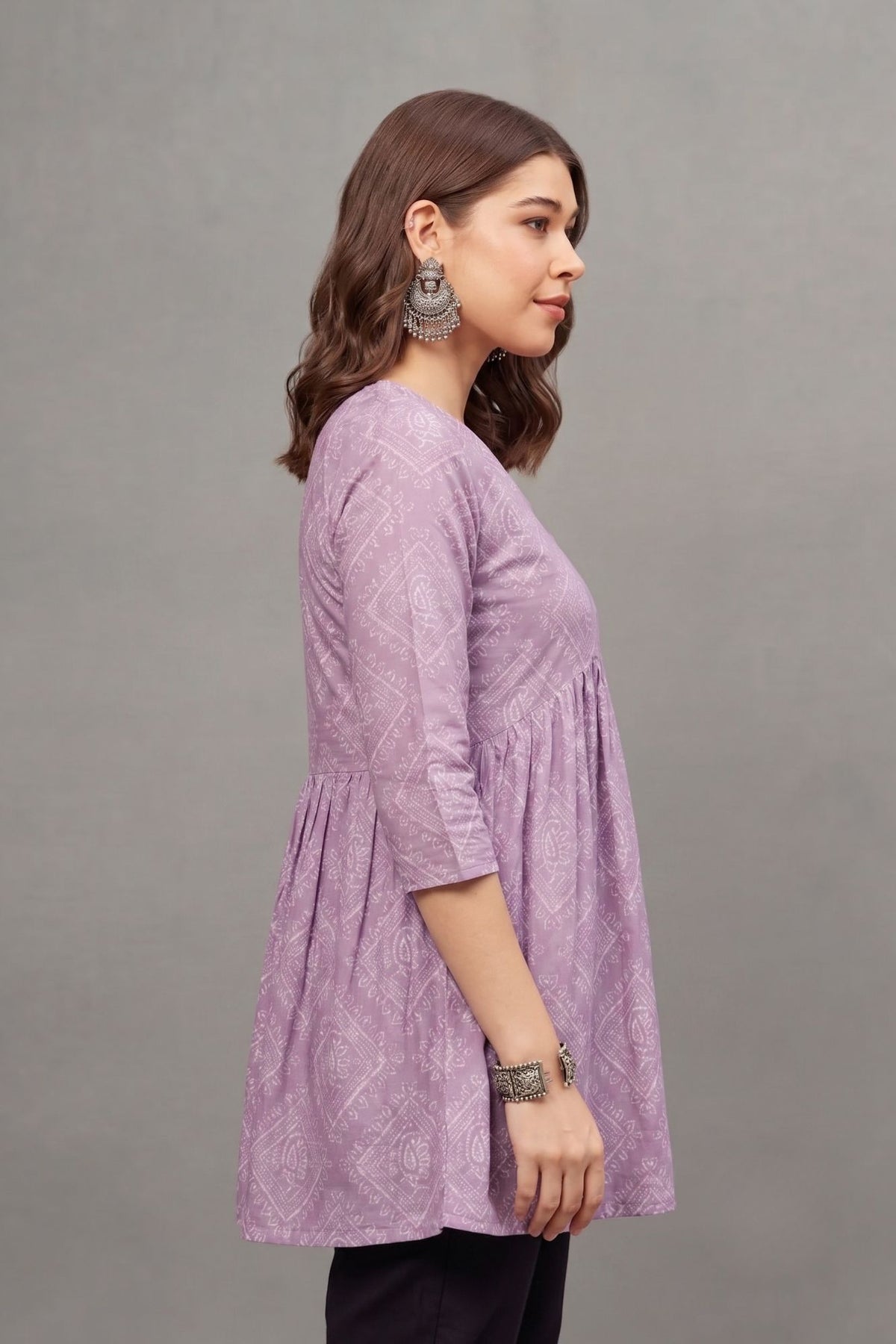 Lavender Block Printed V-neck Cotton Kurti for Women