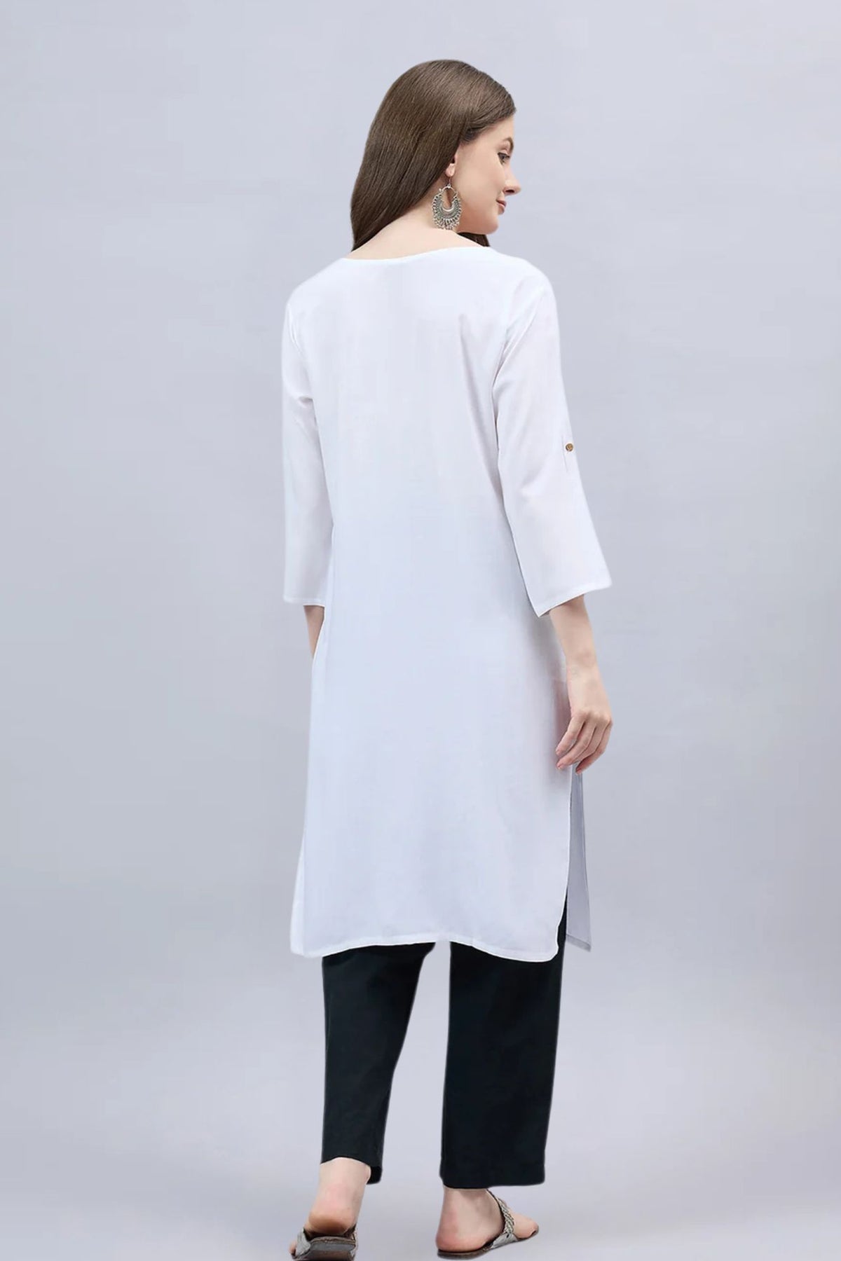 White Round Neck Straight Fit Rayon Kurti