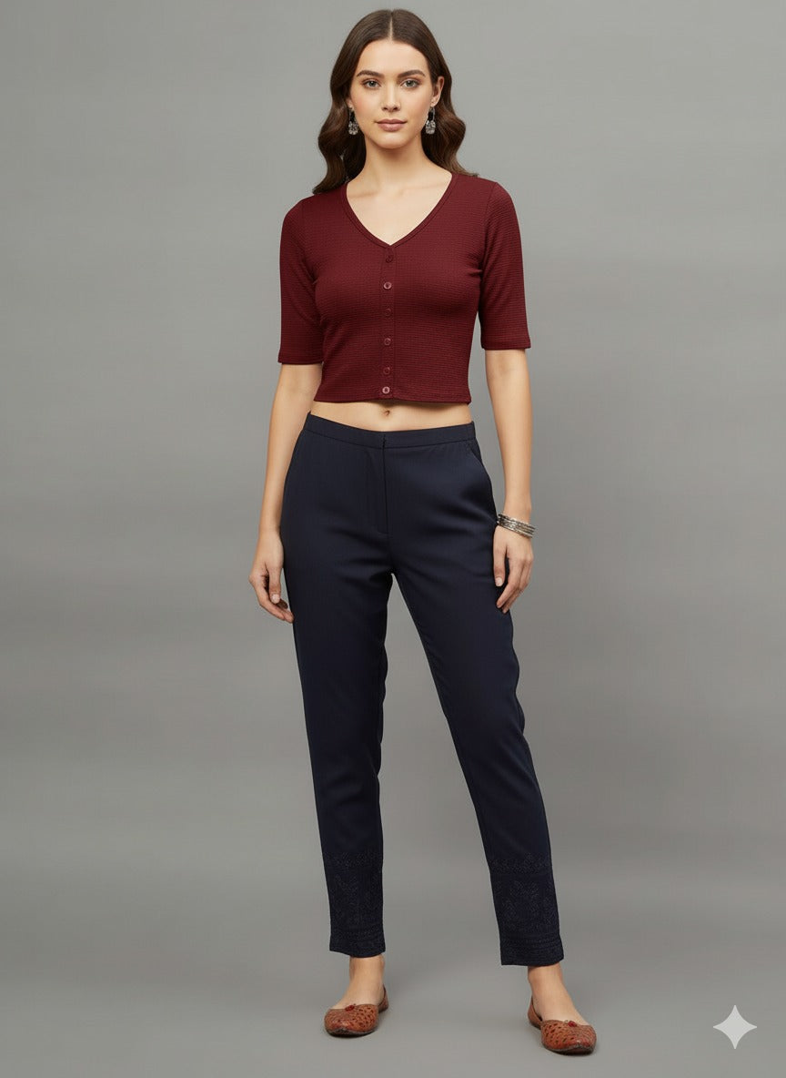 Maroon Ribbed Crop Top for Women