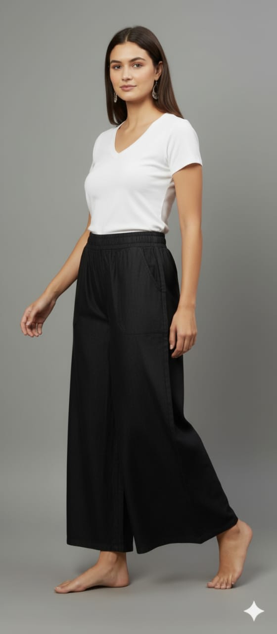 Stylish Women’s Black Denim Palazzo with Side Pockets