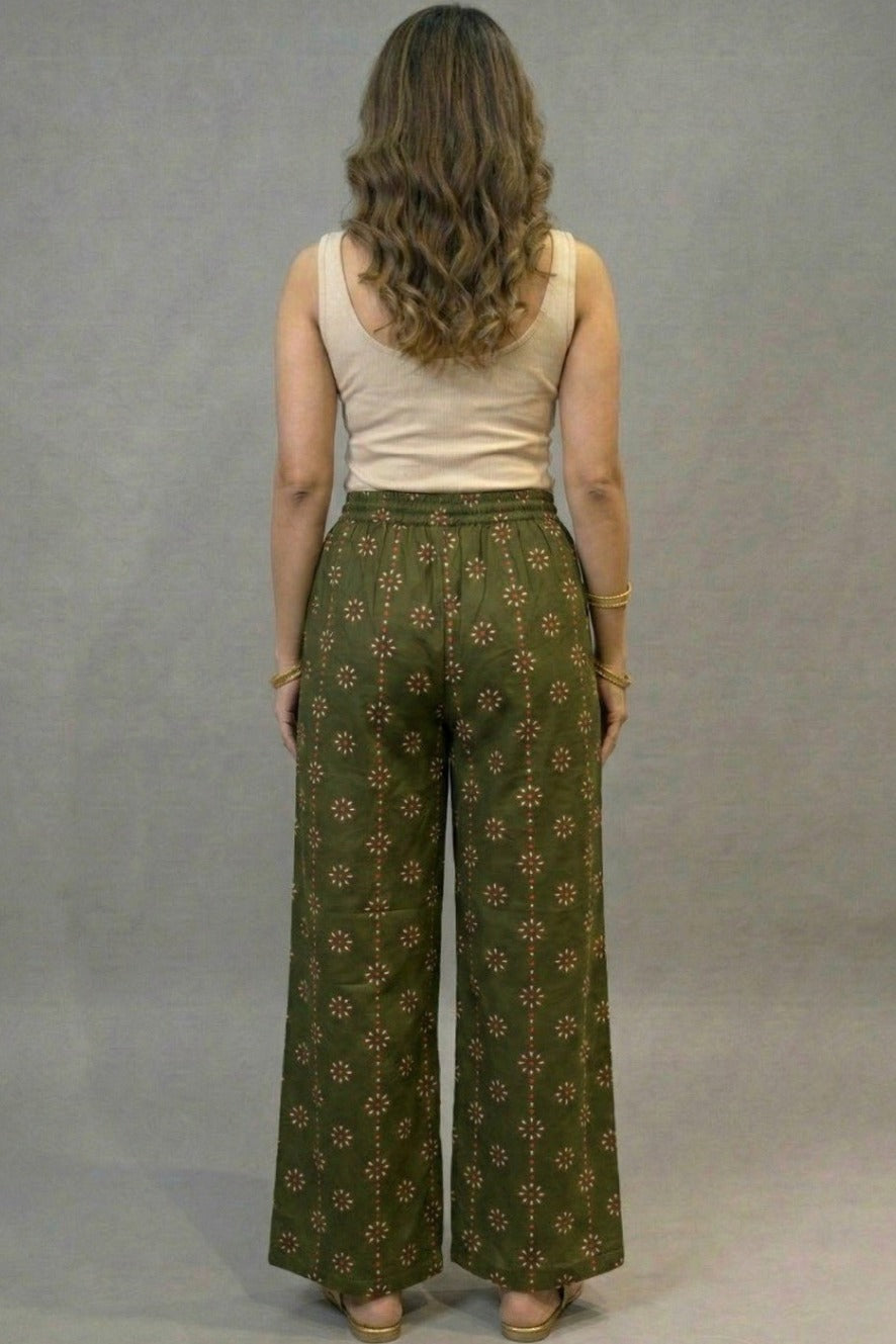 Olive Green Floral Buti Printed Palazzo