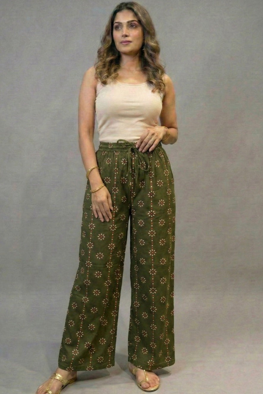 Olive Green Floral Buti Printed Palazzo