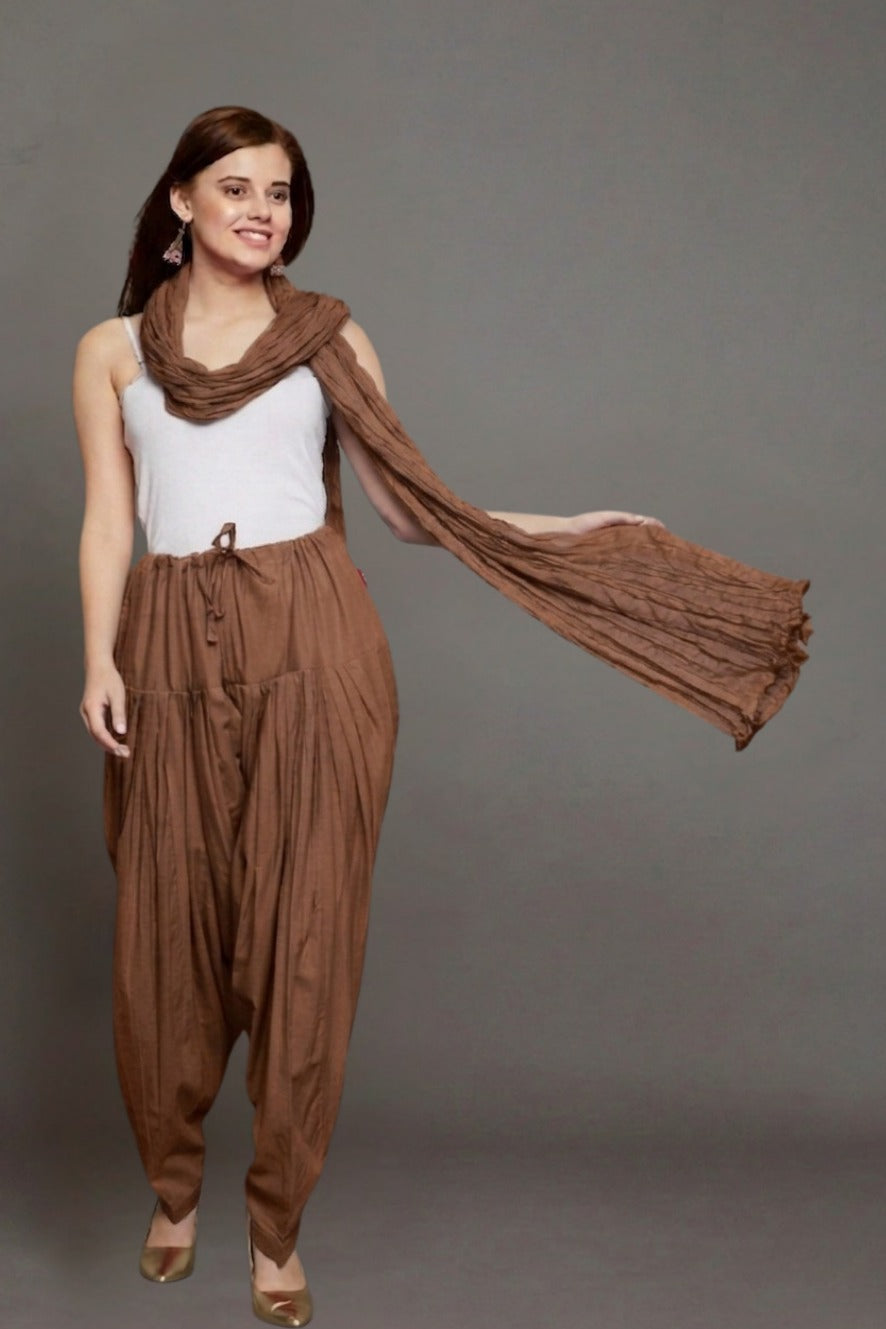Brown Cotton Plain Patiala with Dupatta
