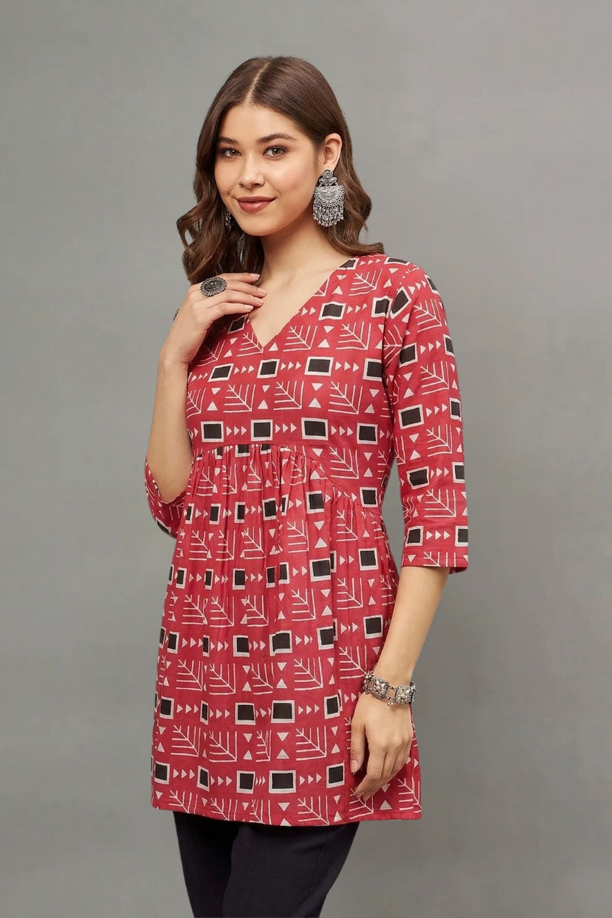 Red Geometric Print V-Neck Cotton Kurti for Women