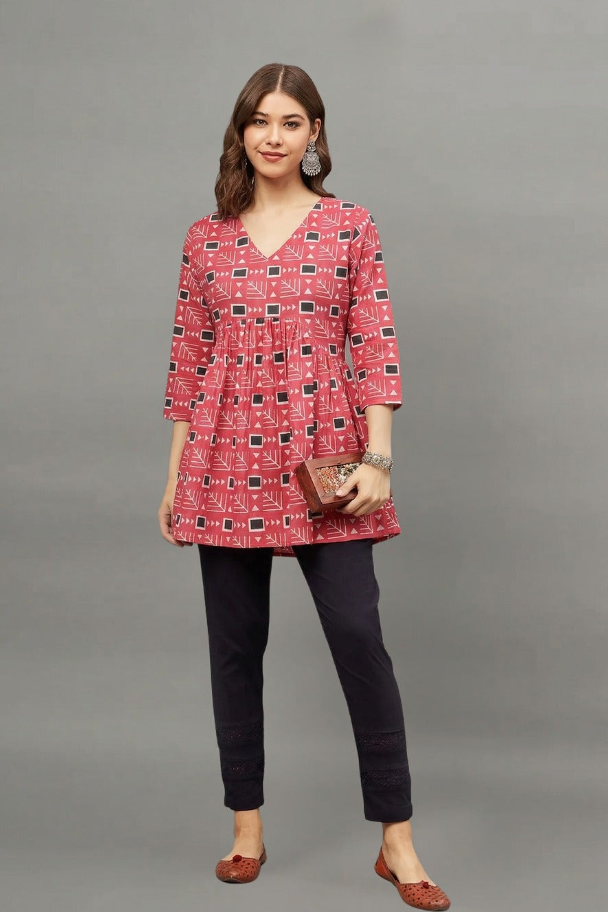Red Geometric Print V-Neck Cotton Kurti for Women