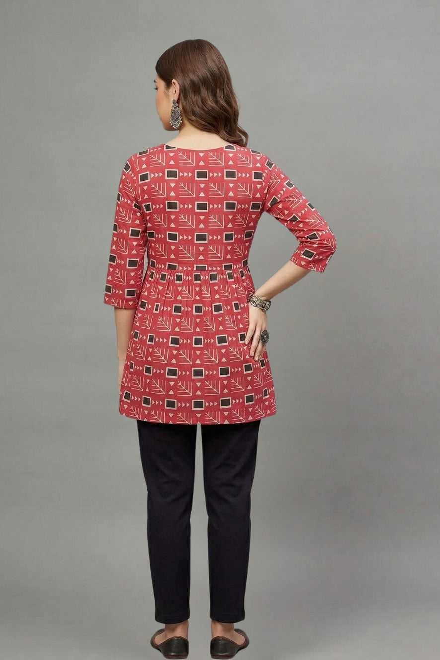 Red Geometric Print V-Neck Cotton Kurti for Women