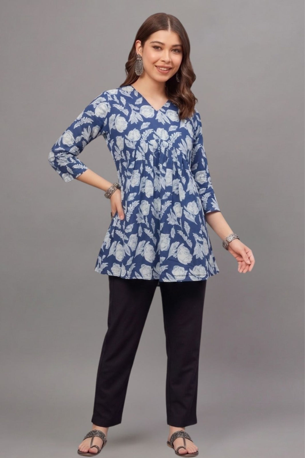 Cottton Blue leaf Everyday Printed Short Kurti