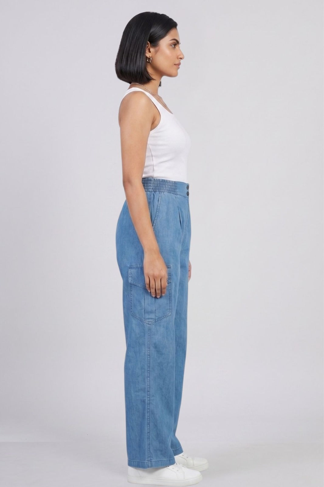 Stone Double Button Denim Cargo Pants