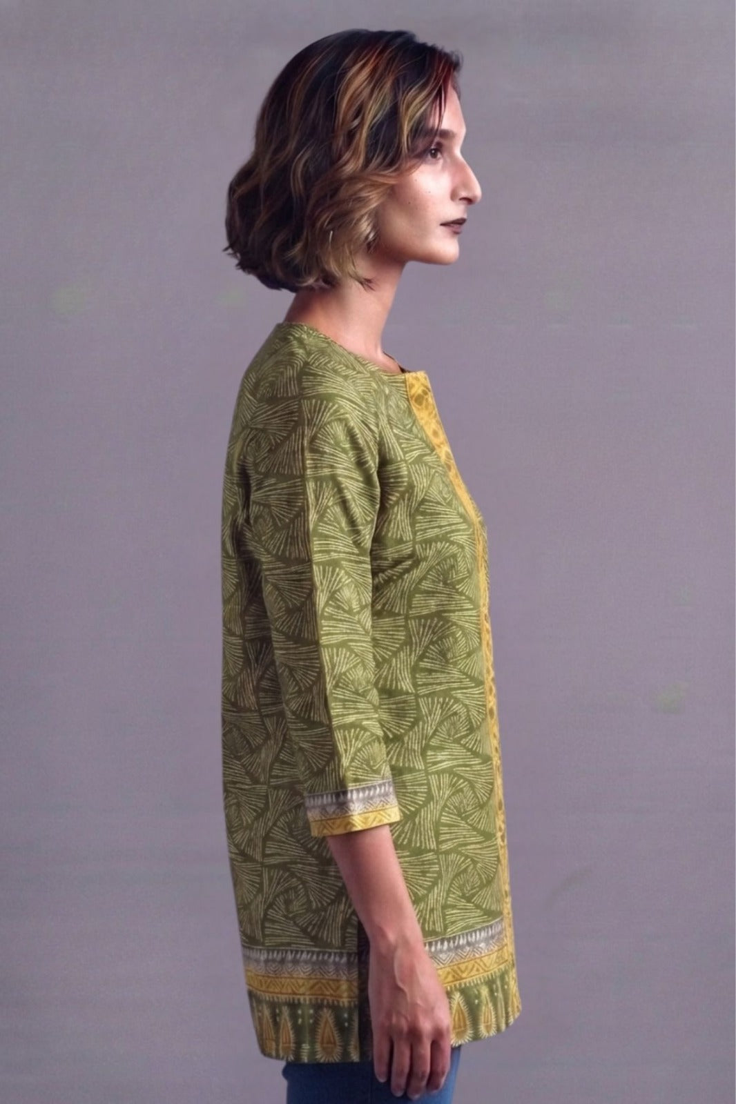 Olive Leaf Print Straight Kurti