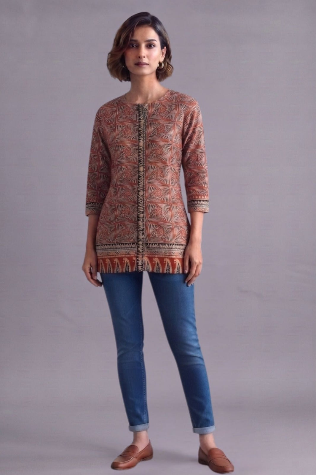 Terracotta Leaf Print Straight Kurti