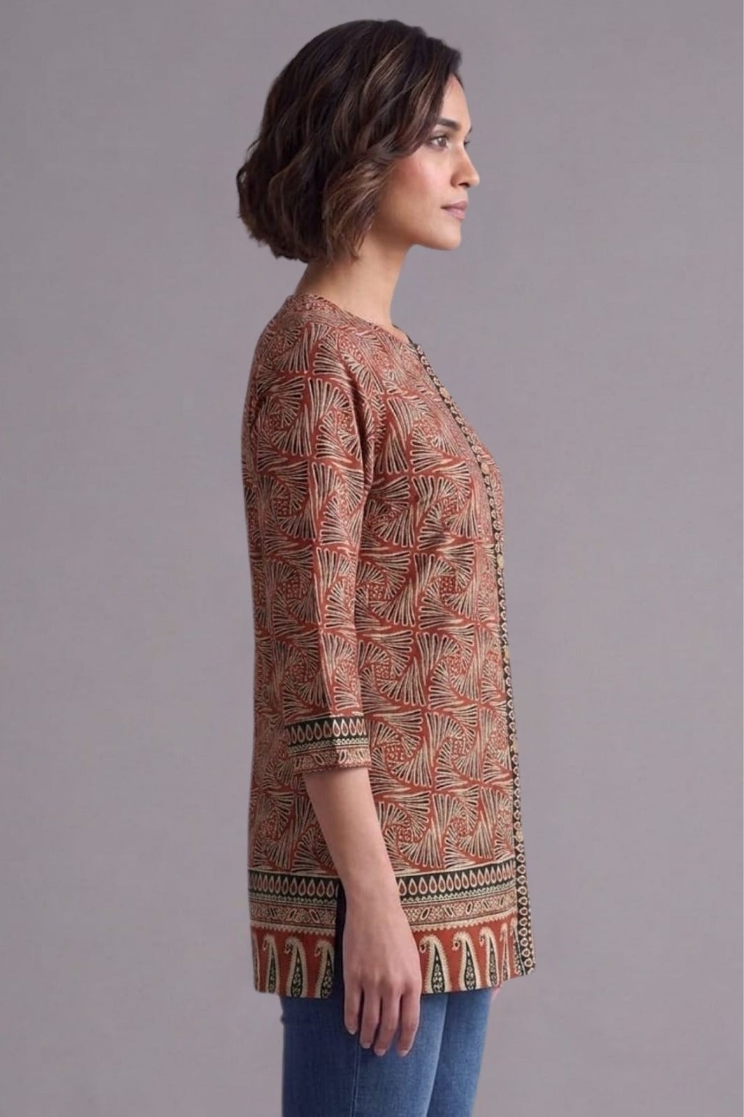 Terracotta Leaf Print Straight Kurti