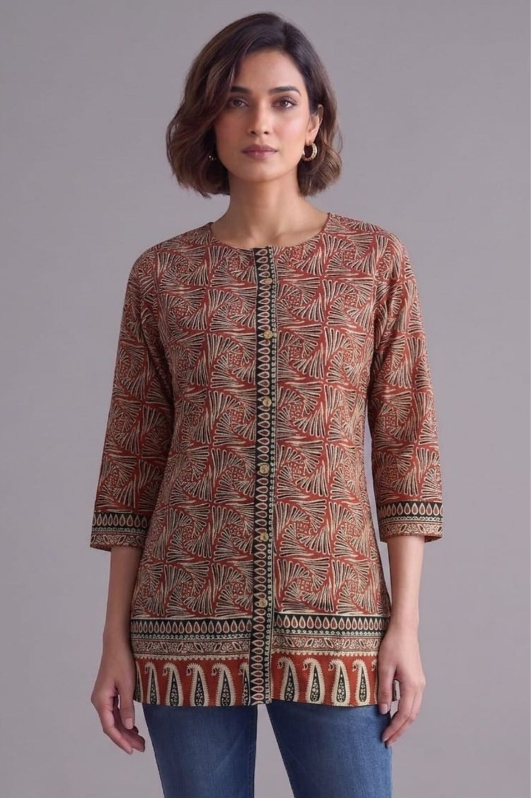 Terracotta Leaf Print Straight Kurti