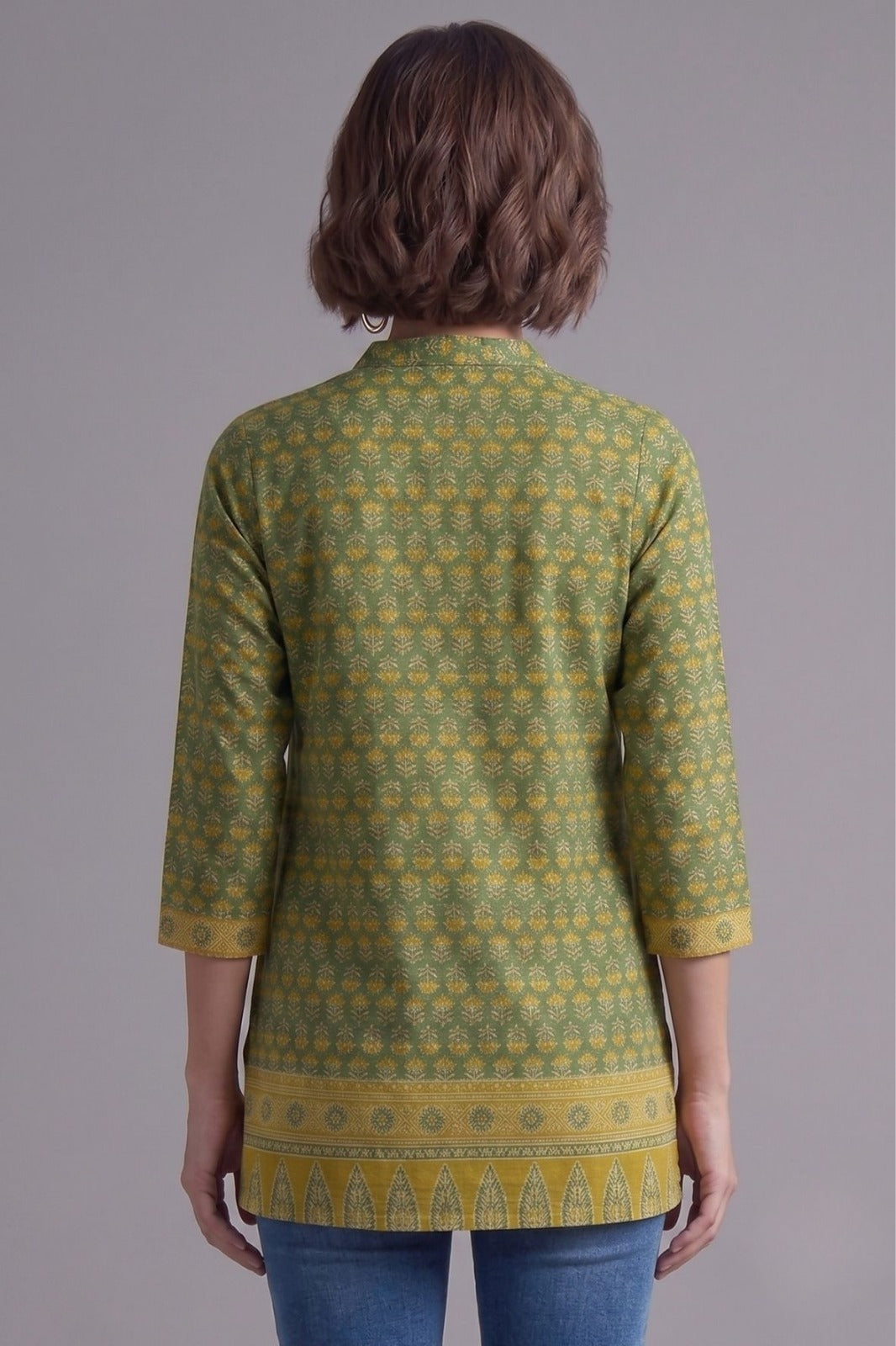 Green Floral Print Cotton Straight Kurti