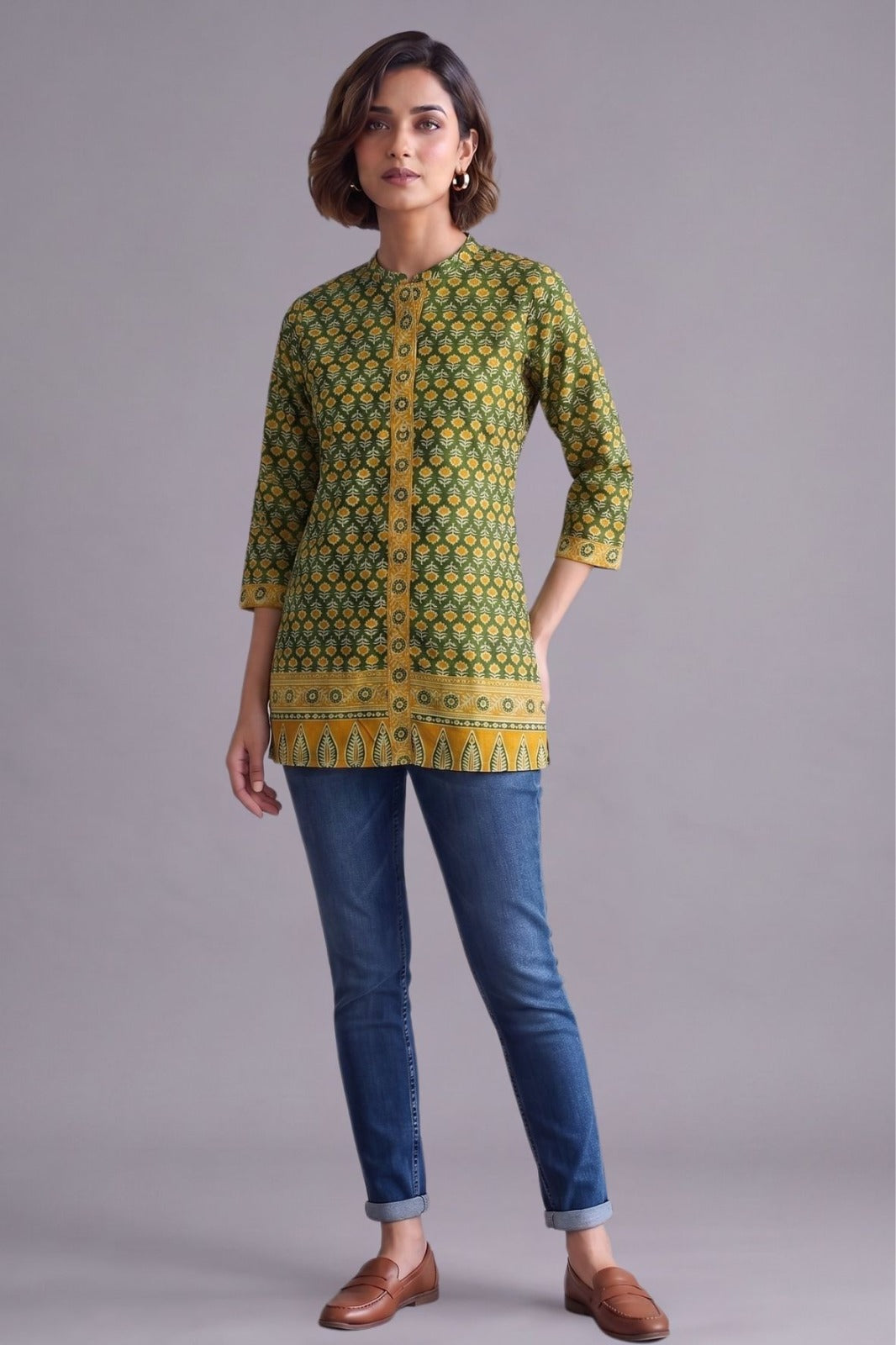 Green Floral Print Cotton Straight Kurti