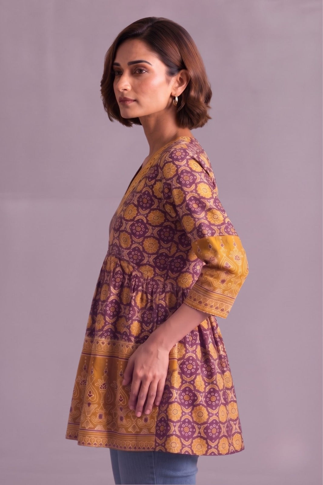 Mustard bloom printed cotton V neck kurti