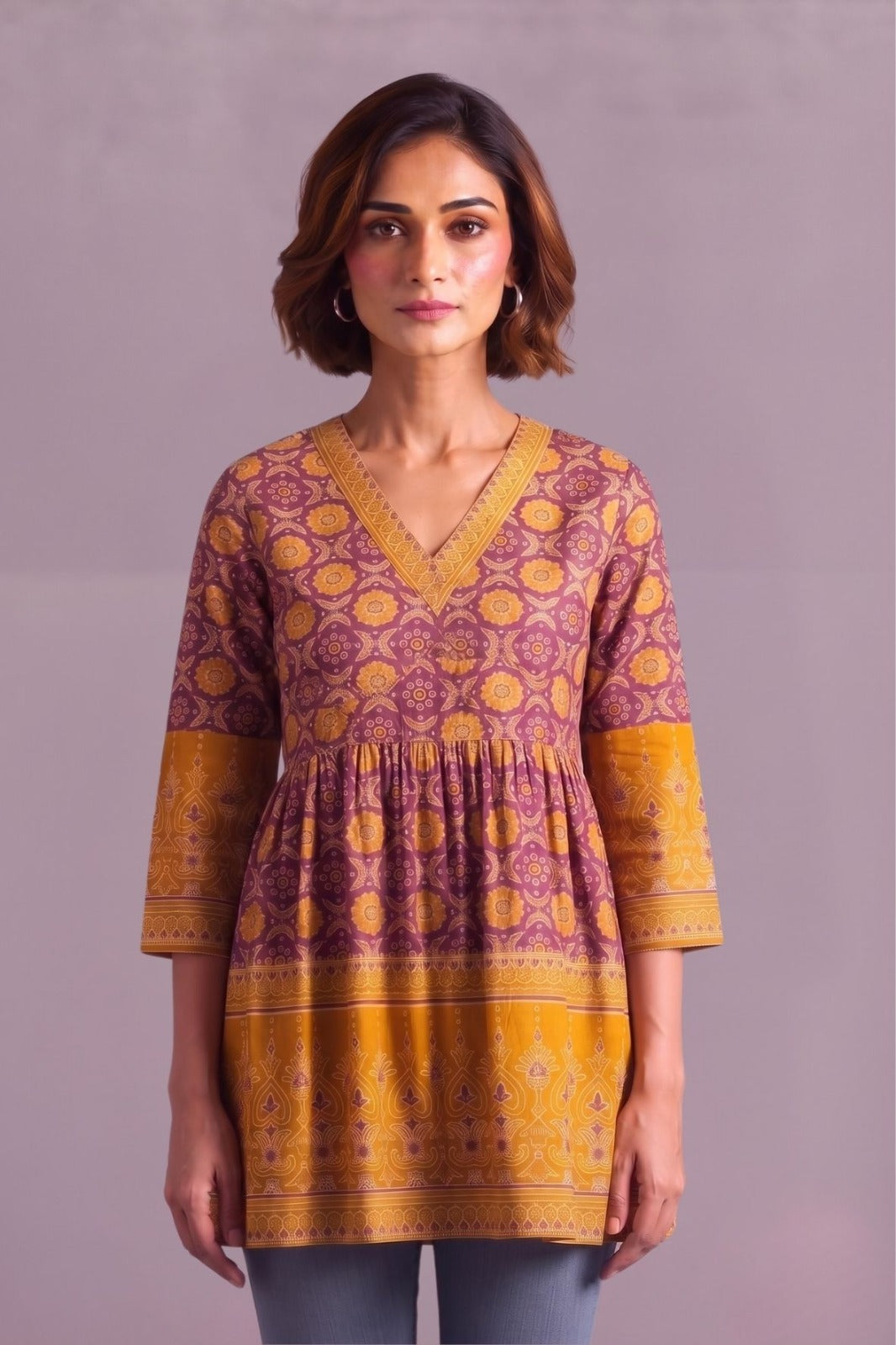 Mustard bloom printed cotton V neck kurti