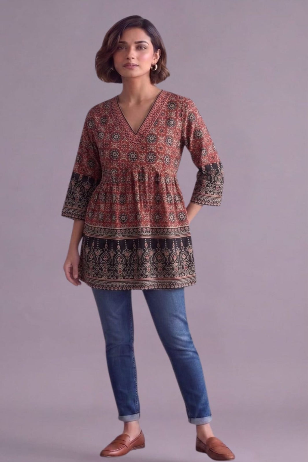 Ethnic rust border cotton V neck kurti